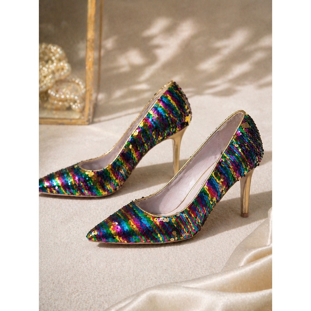 Chinese Laundry Rainbow Sequin Pointed Toe Pumps Gold Stiletto Heels Womens 9 40